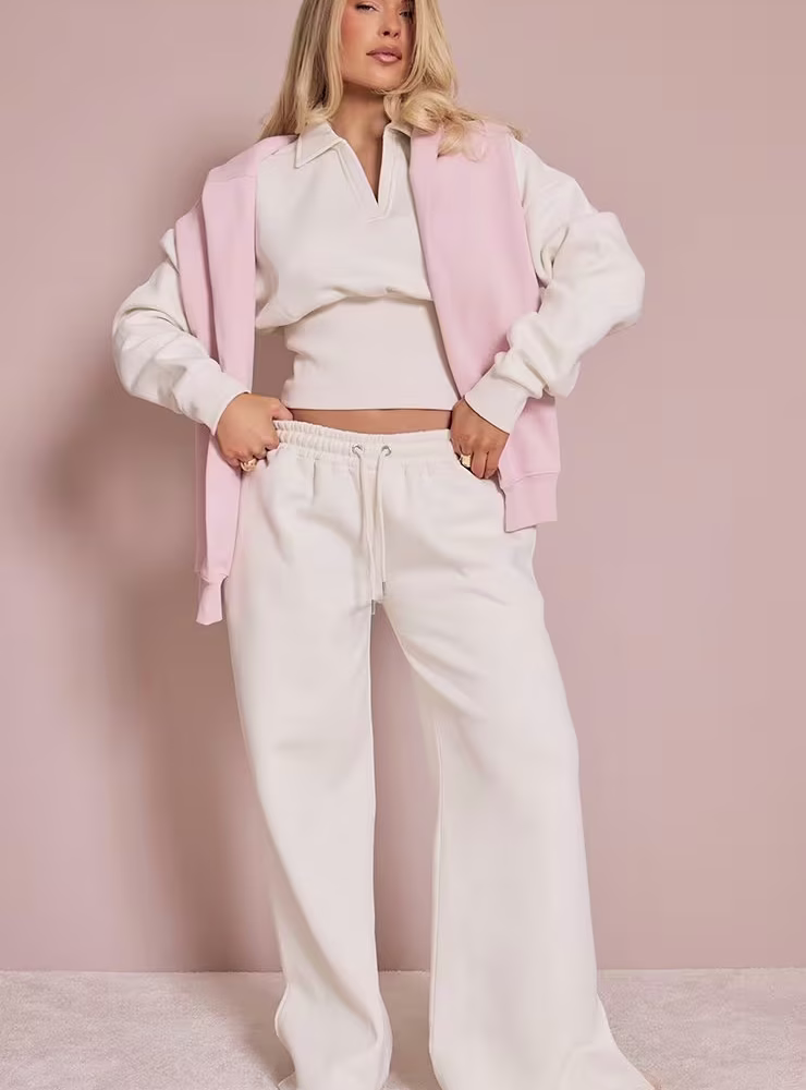 Drawstring Waistband Wide Leg Joggers In Cream