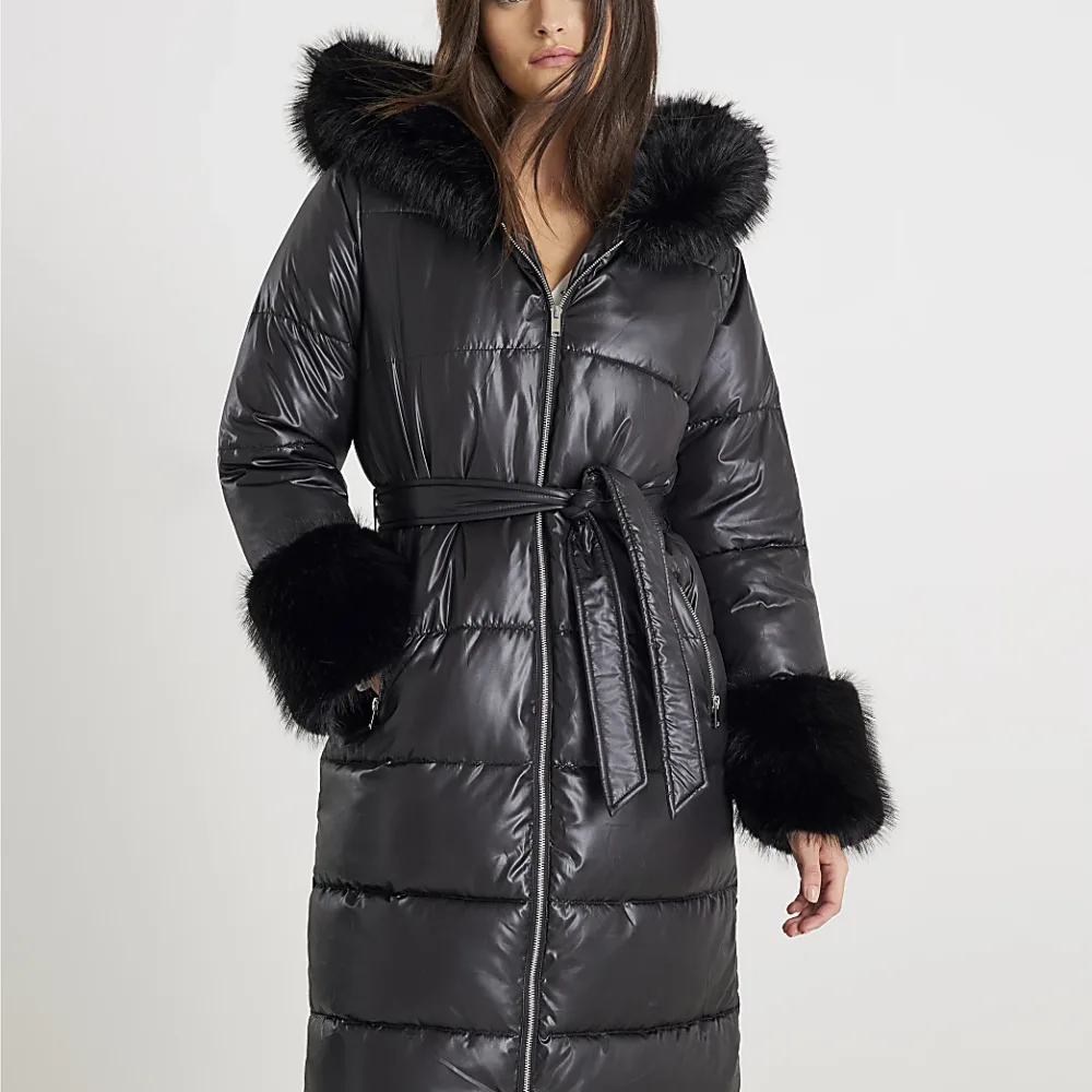 Black Faux Fur Trim Hooded Padded Coat