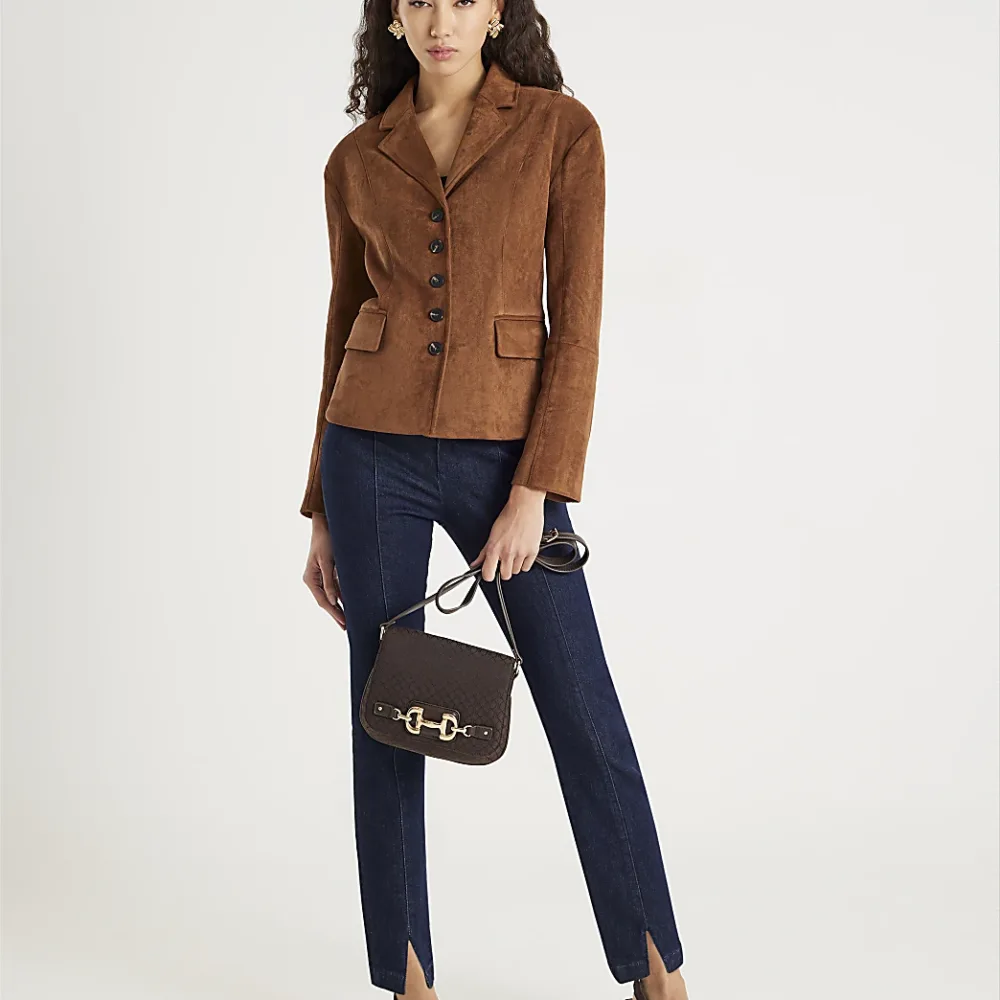 Brown Faux Suede Fitted Blazer