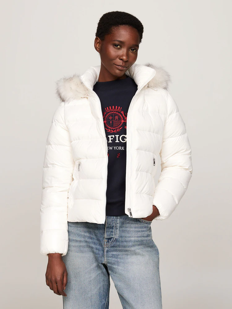 Tommy Hilfiger Tyra Gloss Down White Jacket With Faux Fur