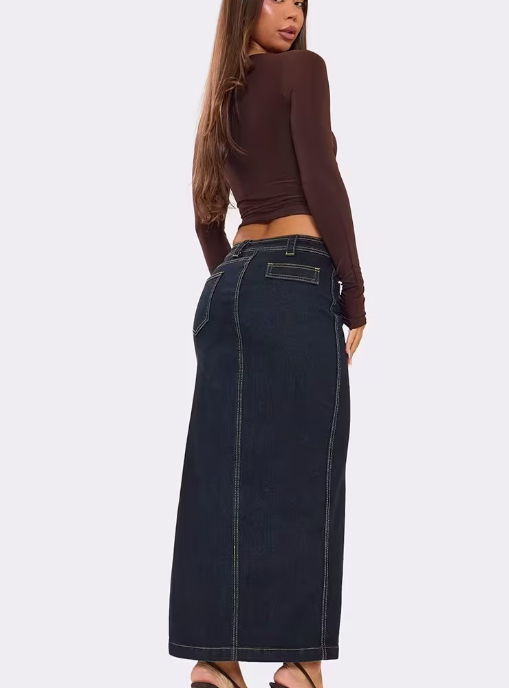 Mid Rise Pocket Detail Maxi Skirt In Indigo Blue Denim