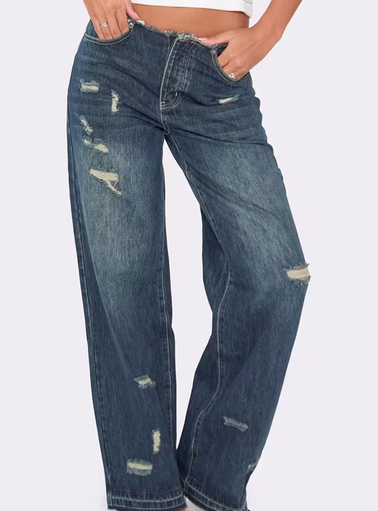 Low Waist Distressed Detail Straight Leg Jeans In Dark Blue Denim