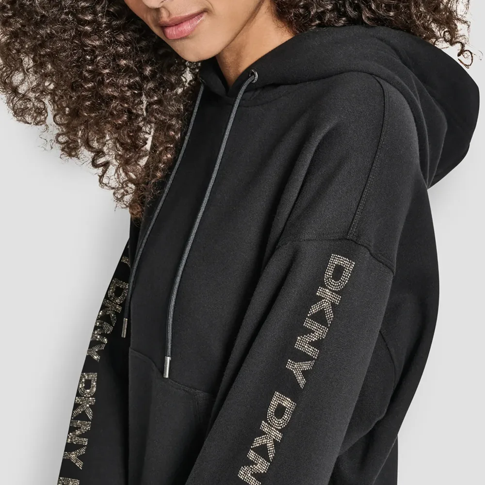 DKNY-RELAXED RHINESTONE SLEEVE LOGO HOODIE