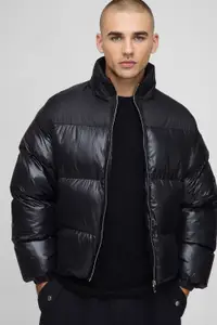 Boxy Fit High Shine Nylon Mix Funnel Neck Puffer Jacket