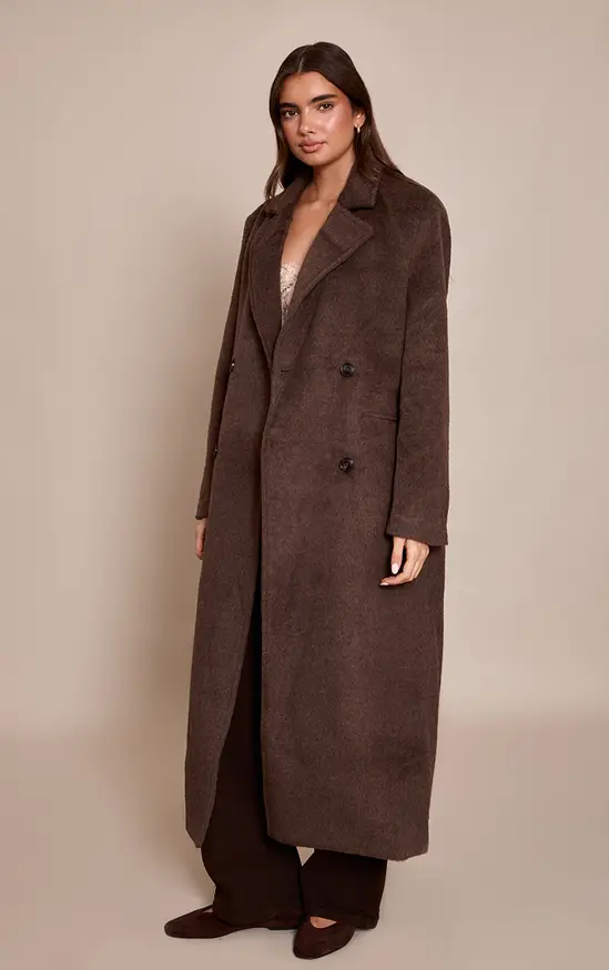 Chocolate Structured Double Breasted Wool Look Maxi Coat