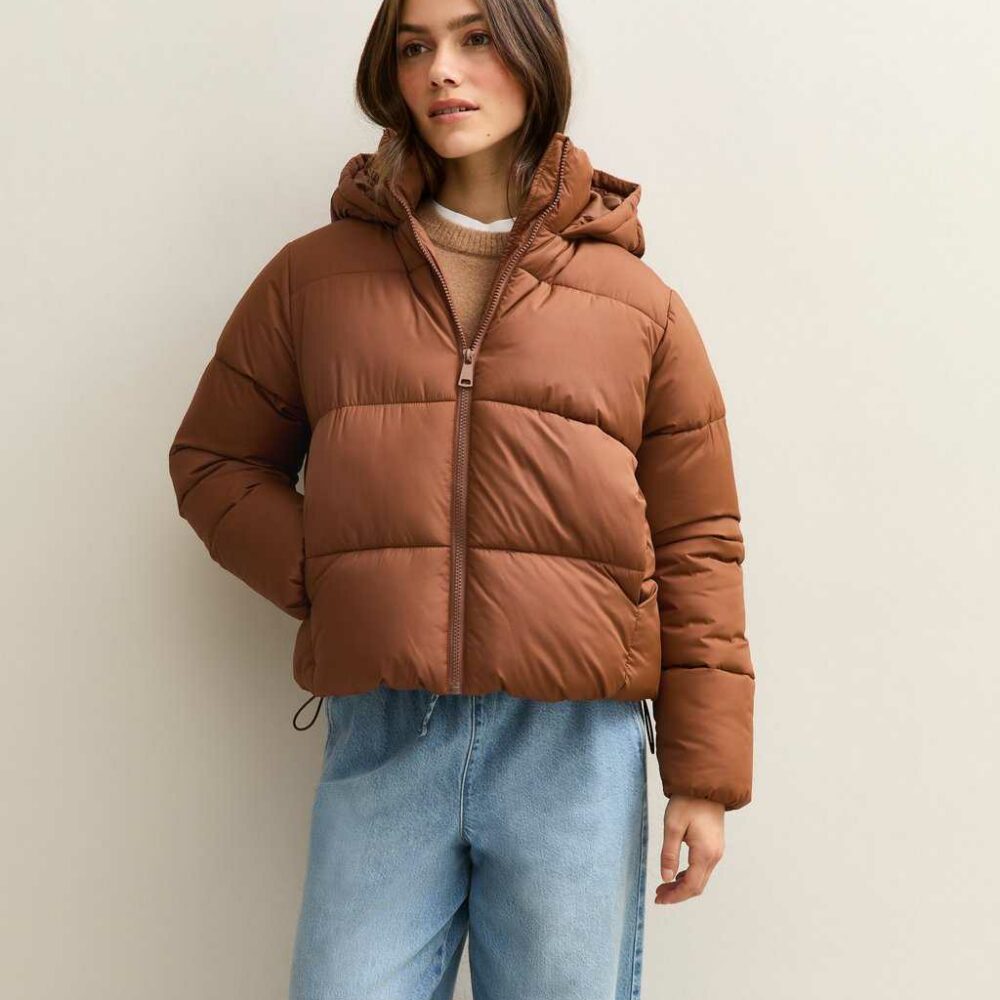 Petite Tan Cropped Puffer Jacket