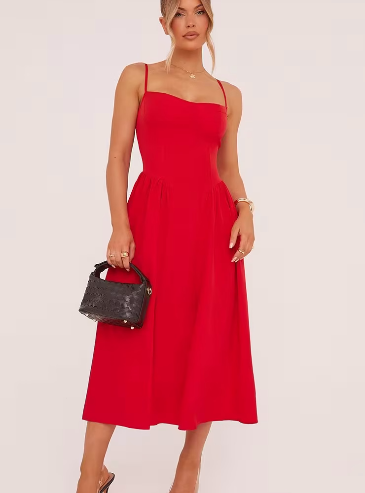 Strappy Pleated Skater Midaxi Dress In Red