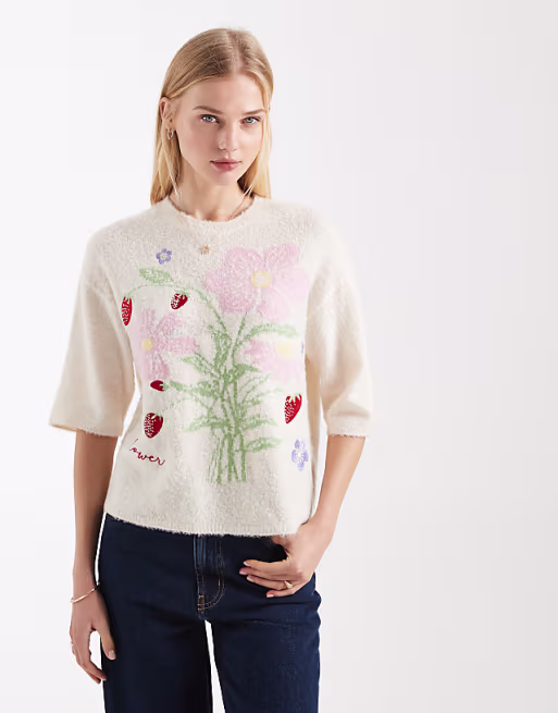 Threadbare crew neck jumper with flower motif in ecru