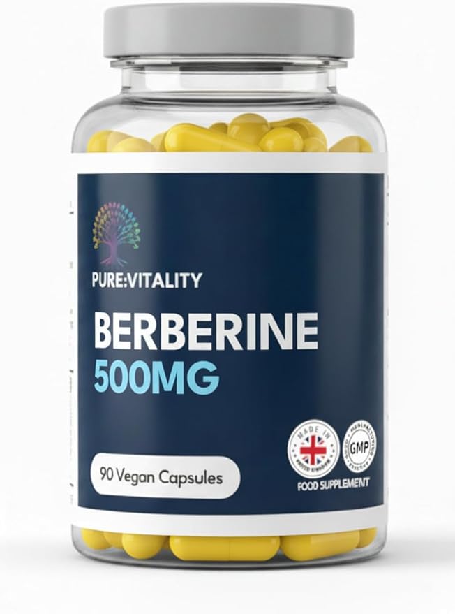 Pure Vitality Berberine HCL 500mg – 90 Vegan Capsules – 98% Purity – High Strength Formula – UK GMP Certified Manufacturer