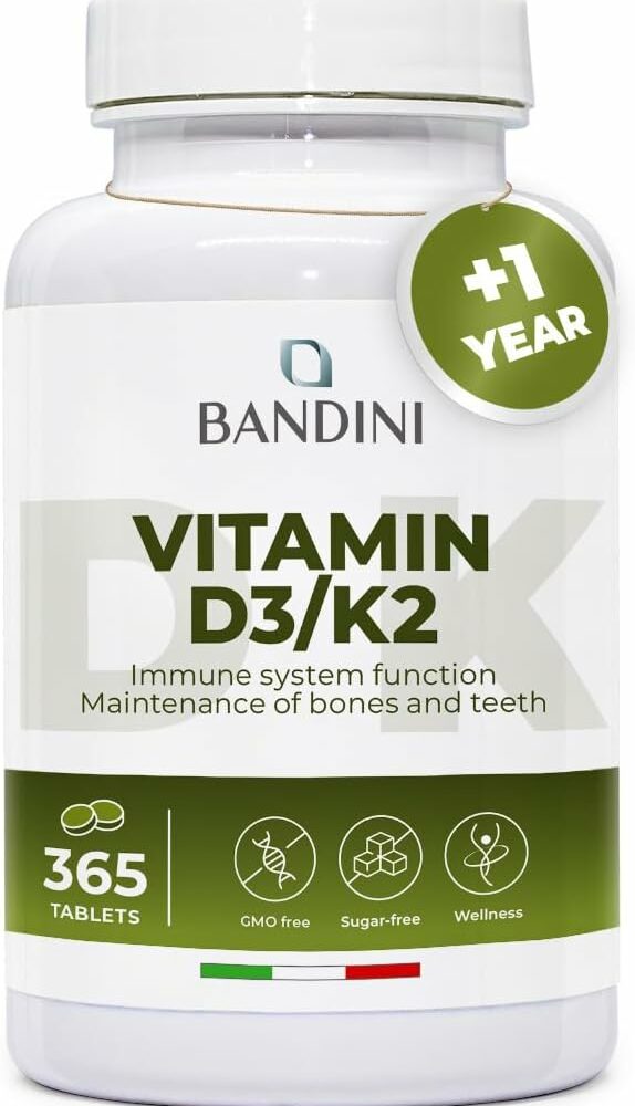 Bandini® Vitamin D3 K2 | 365 Easy-to-Swallow Tablets 1 Year Supply | 2000 IU Vitamin D3 & 200 mcg Vitamin K2VITAL® MK‑7 99% All Trans | Bones, Teeth, Muscles, Joints & Immune System | High Strength