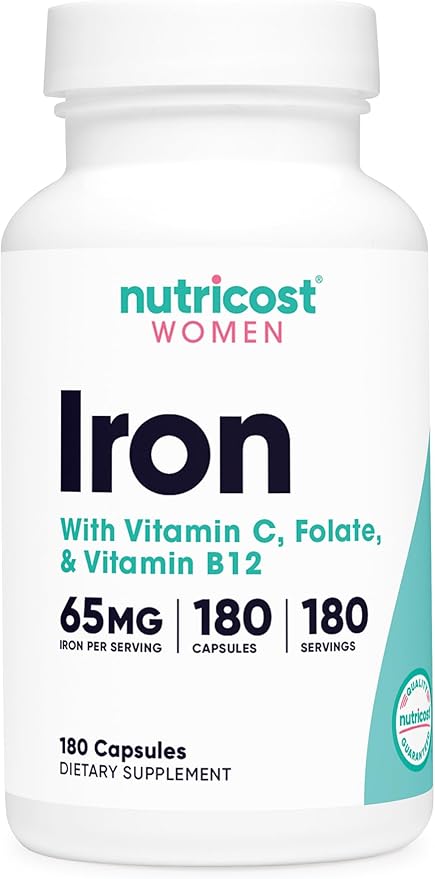 Nutricost Iron for Women 65mg, 180 Capsules, with Vitamin C, Folate, & Vitamin B12 - Vegetarian Friendly, Non-GMO, Gluten Free