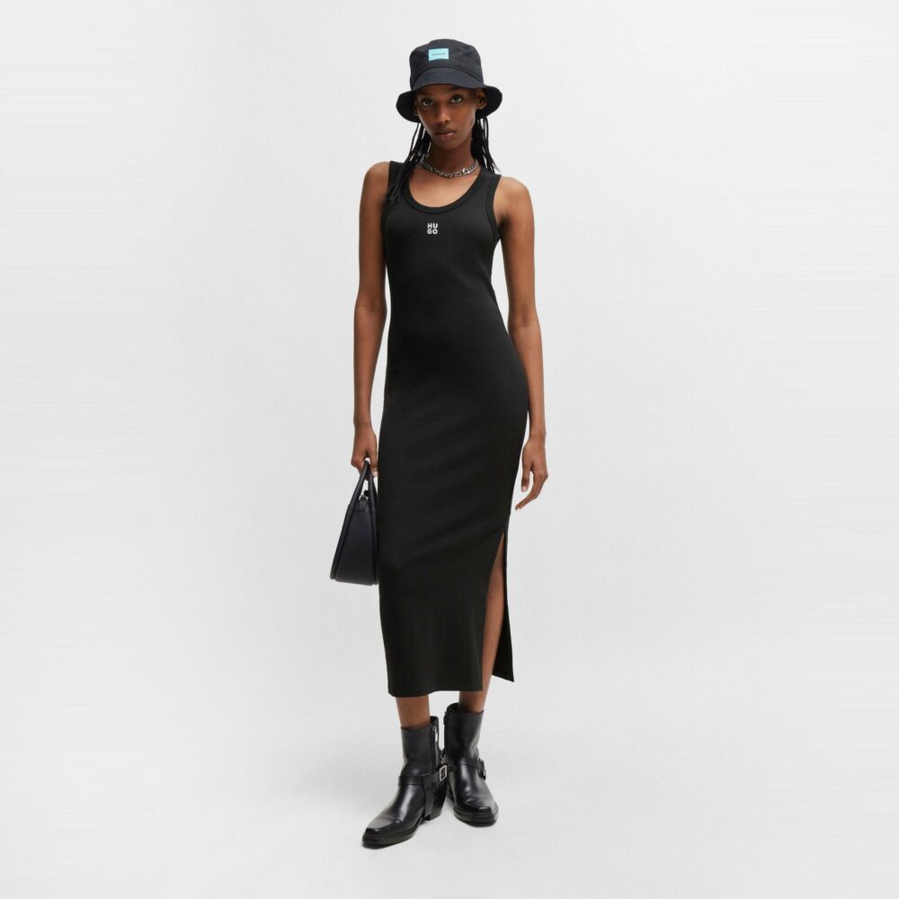 HUGO - Womens Nalimera Ribbed Midi Dress with Logo Detail