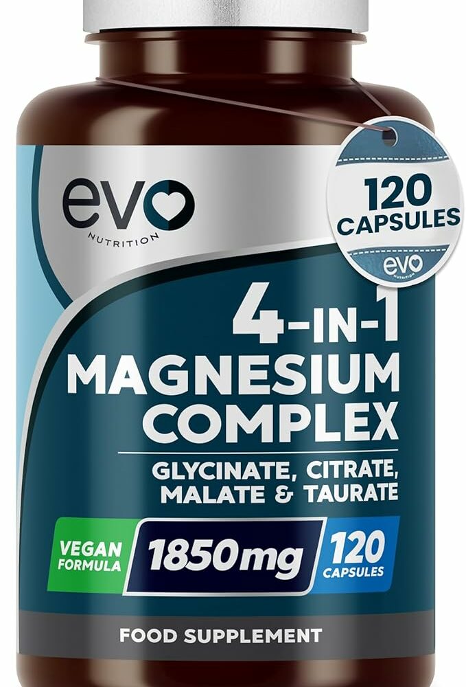 4-in-1 Magnesium Complex Supplements, 120 Capsules | High Strength 1850mg & 389mg Elemental, Chelated with Glycine to Support Sleep, Mood, Energy & Wellness | Vegan, UK Made, 2 Months | EVO NUTRITION