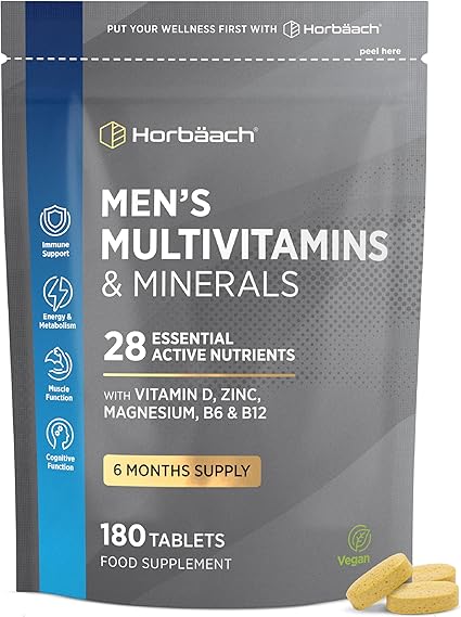 Multivitamin Tablets for Men | 180 Count | 28 Essential Nutrients | with Zinc, Magnesium, Vitamin D3, B12 and More! | Vegan Supplement | By Horbaach