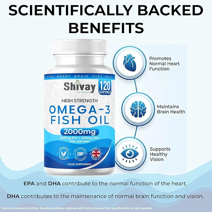 Omega 3 Fish Oil - High Strength 2000mg - 660mg EPA 440mg DHA per Serving | 240 Softgels - 4 Month Supply | Omega-3 Fatty Acid Softgel Capsules - Supports Heart Health, Brain, Vision - Shivay Herbals