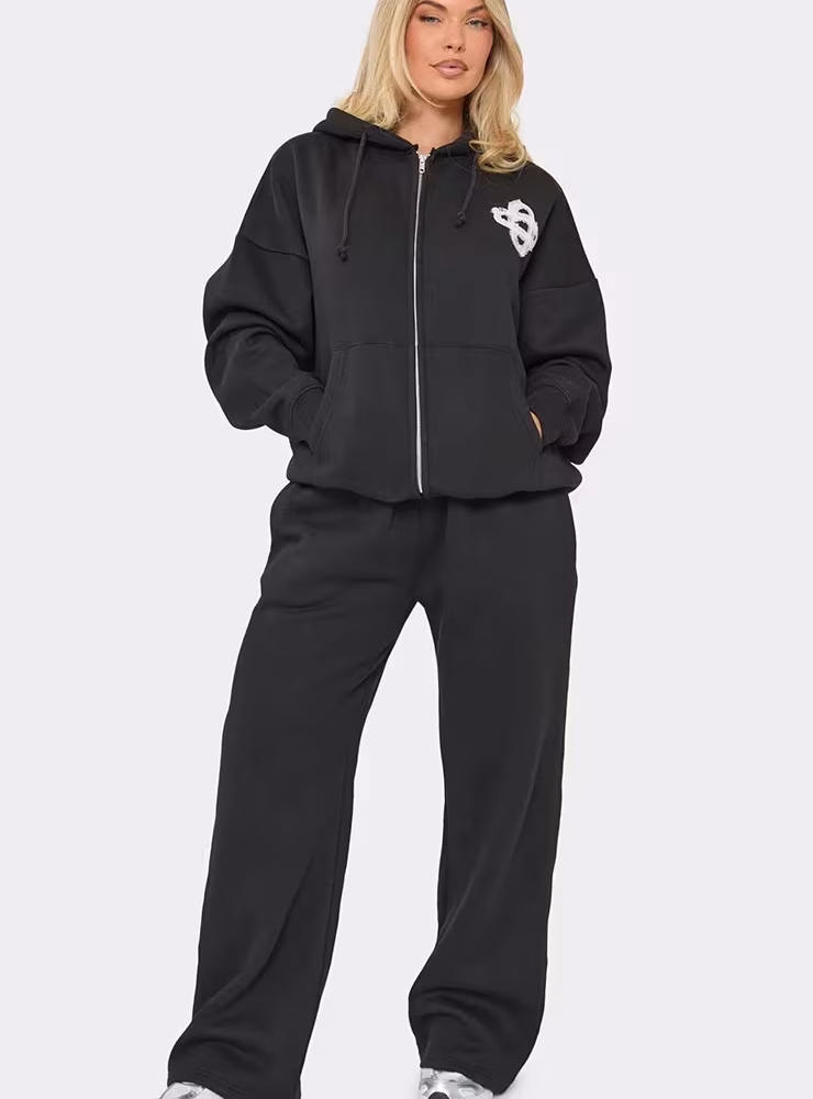 Low Rise Back Pocket Swirl Graphic Detail Wide Leg Joggers In Black