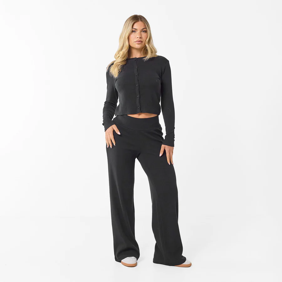 Ribbed Open Hem Set Black