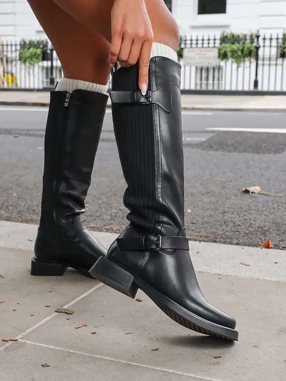 Dilly Black Knee High Buckle Detail Sock Boots