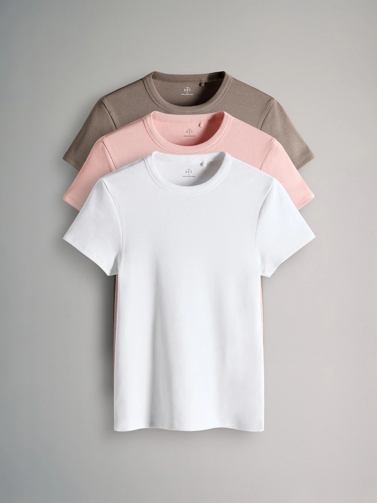 The Set 3 Pack Short Sleeve Ribbed T-Shirts Taupe/Pink/White