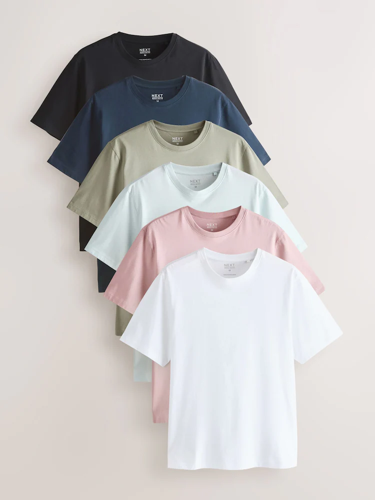 Dusky Pastels Pink/Sage/Aqua/White/Navy/Black Regular Fit Essential Cotton T-Shirts 6 Pack