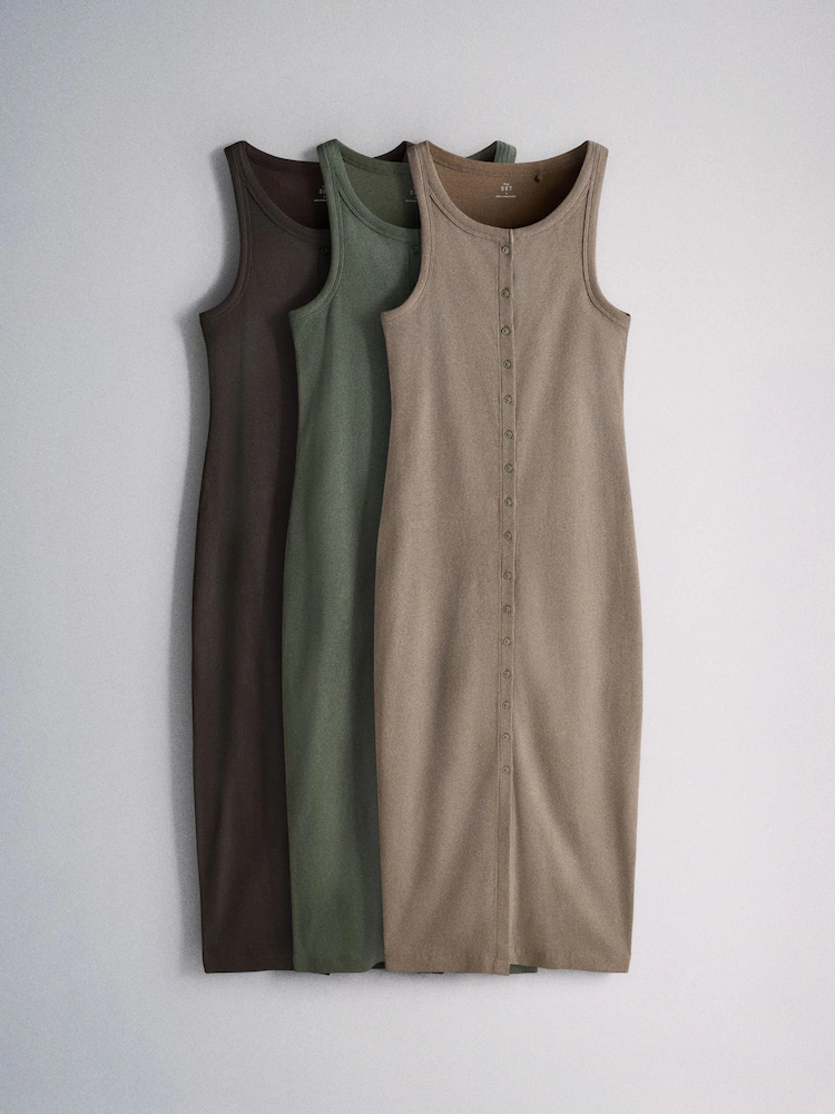 The Set 3 Pack Button Through Ribbed Maxi Jersey Dresses Brown/Khaki Green/Taup