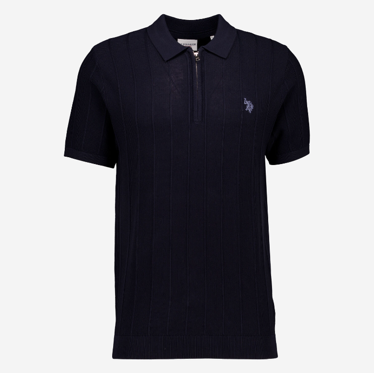 US Polo Assn - Navy Rib Knit Zip Neck Polo Shirt