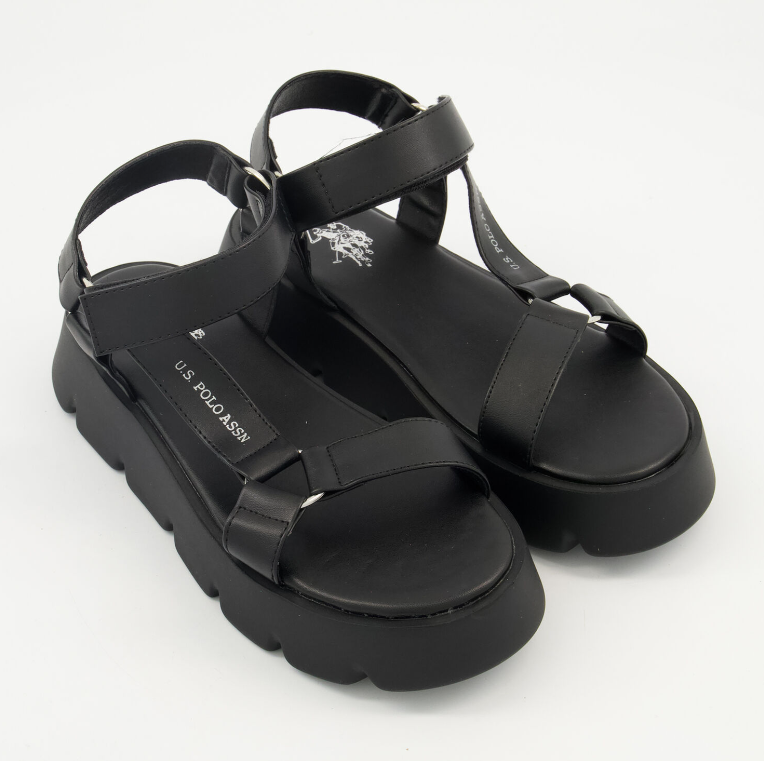 US Polo Assn - Black Faux Leather Flat Sandals