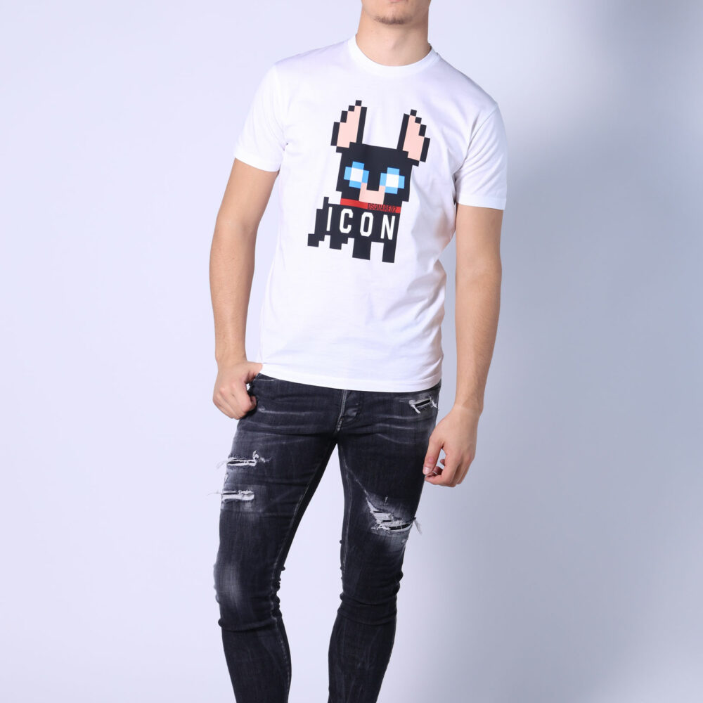 Dsquared2 - White T-shirt with dog maxilogo "Pixeled". (Runs small)