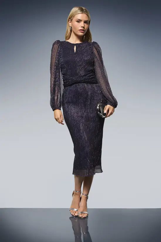 Dorothy Perkins DP Luxe Sparkle Plisse Jersey Keyhole Twist Front Midi Dress
