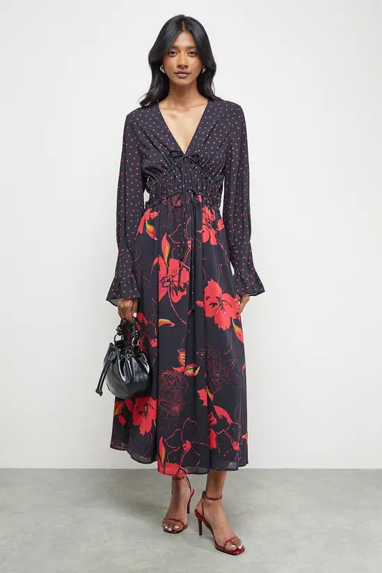 Mixed Print Chiffon Tie Detail Midi Tea Dress