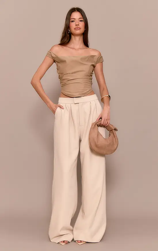 Premium Sand Tailored Pleated Lined Wide Leg Trousers