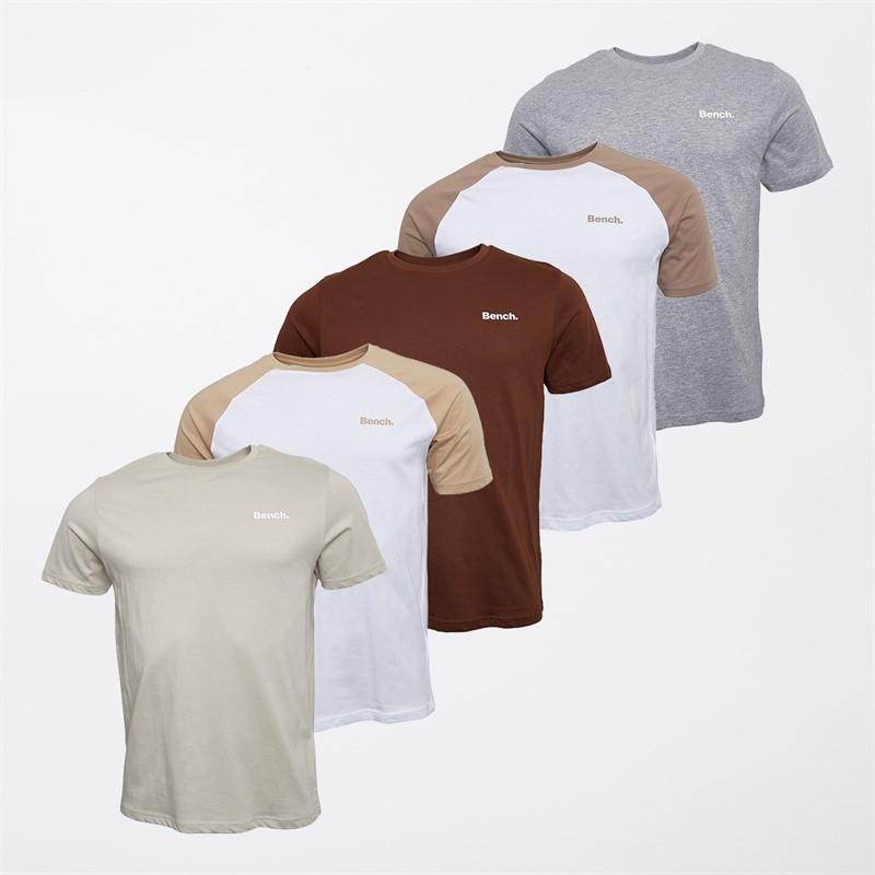 Bench Mens Slaine Five Pack T-Shirts Stone Grey/​White/​Taupe/​Grey Marl/​White/​Stone/​Shaved Chocolate