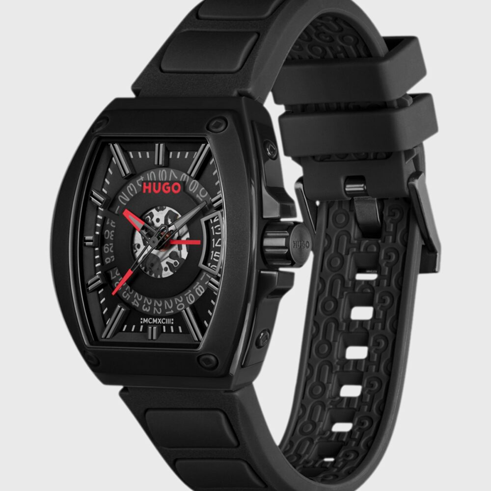 HUGO Watch with semi-transparent dial and silicone strap