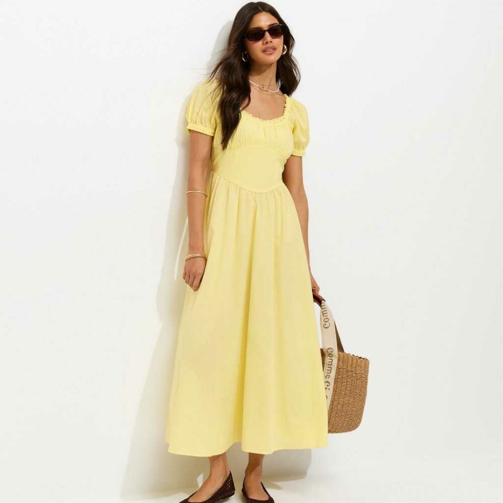 Light Yellow Lace Trim Milkmaid Midi Dress