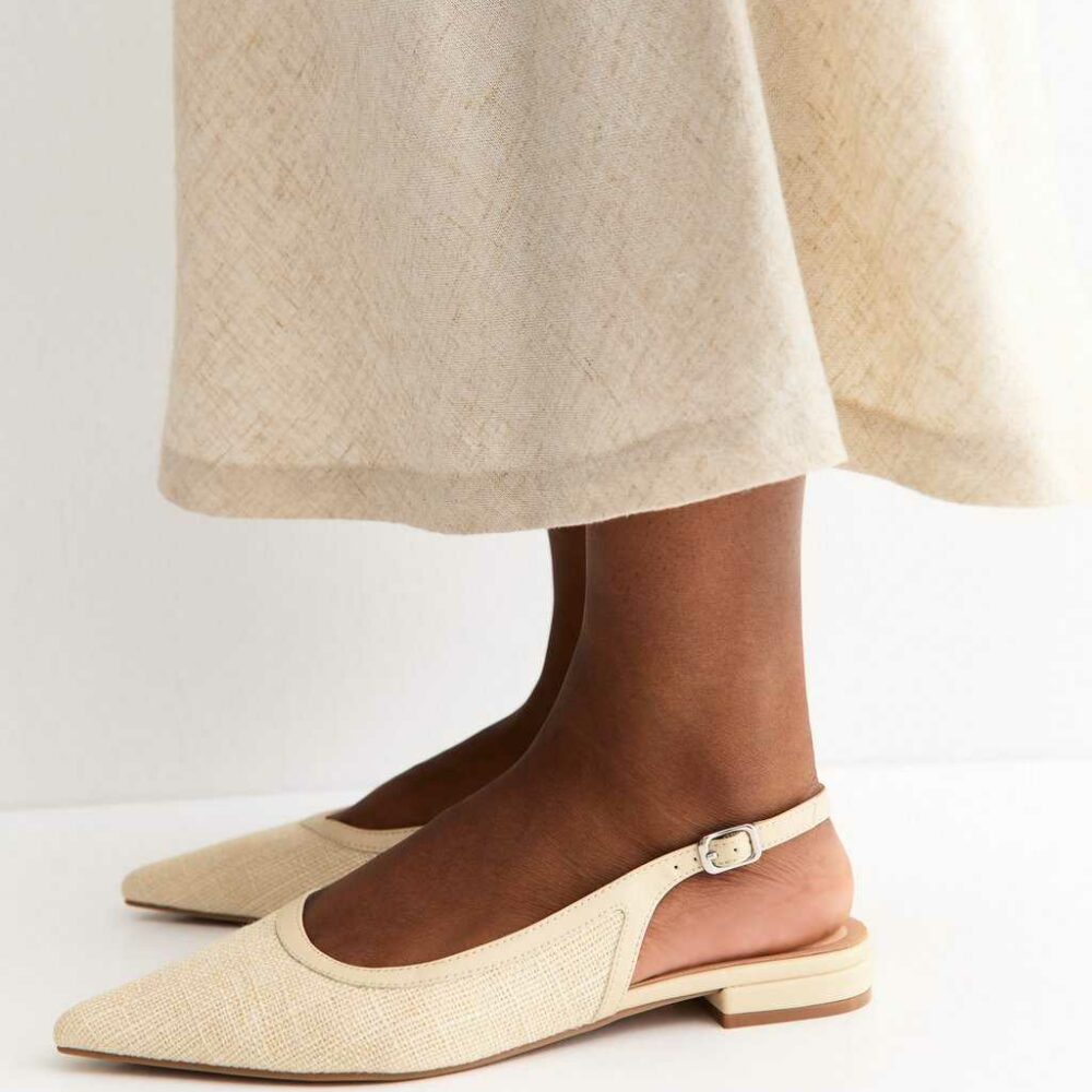 Off White Woven Pointed Slingback Pumps