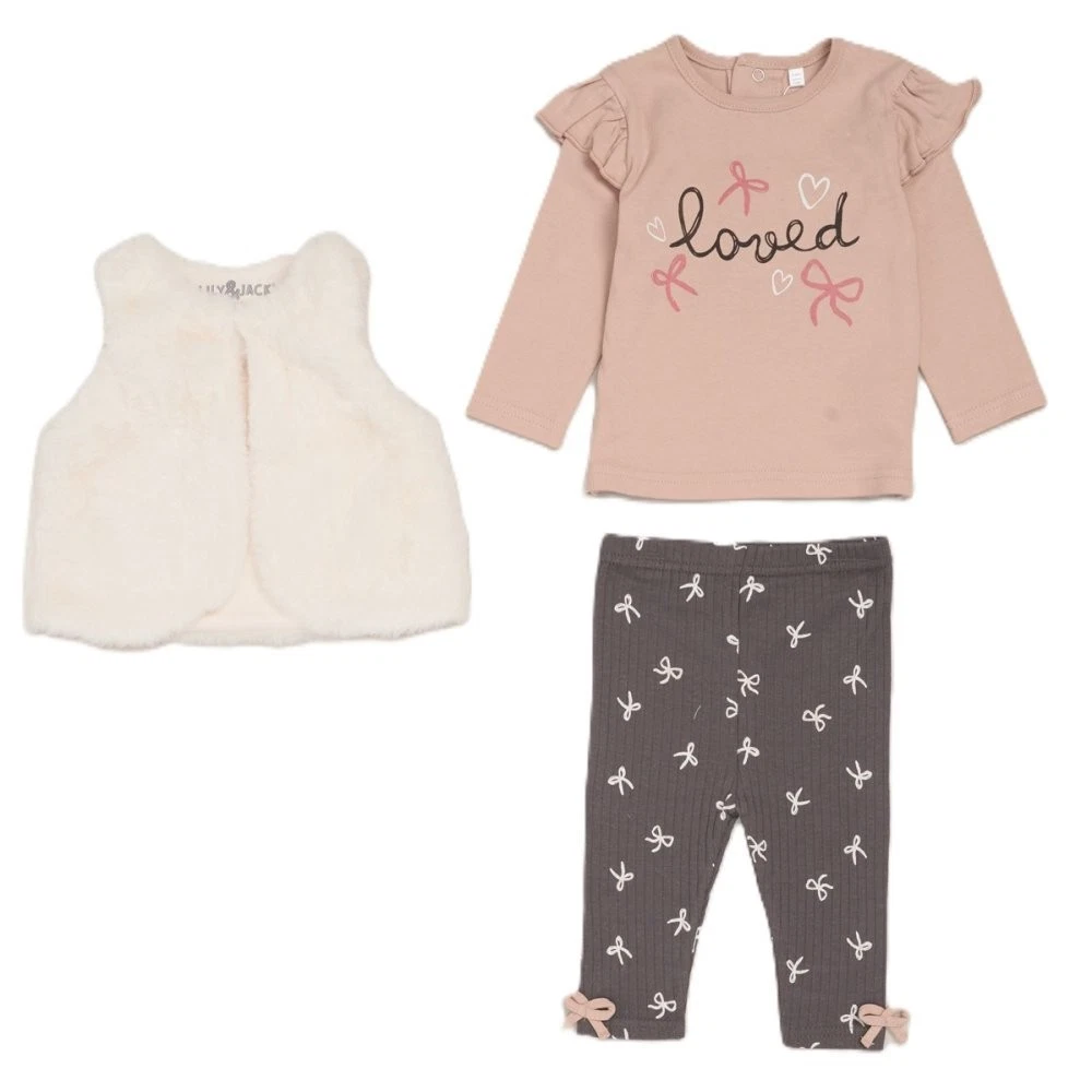 Baby Girls Faux Fur Gilet, Top & Legging Outfit (12-24 Months)