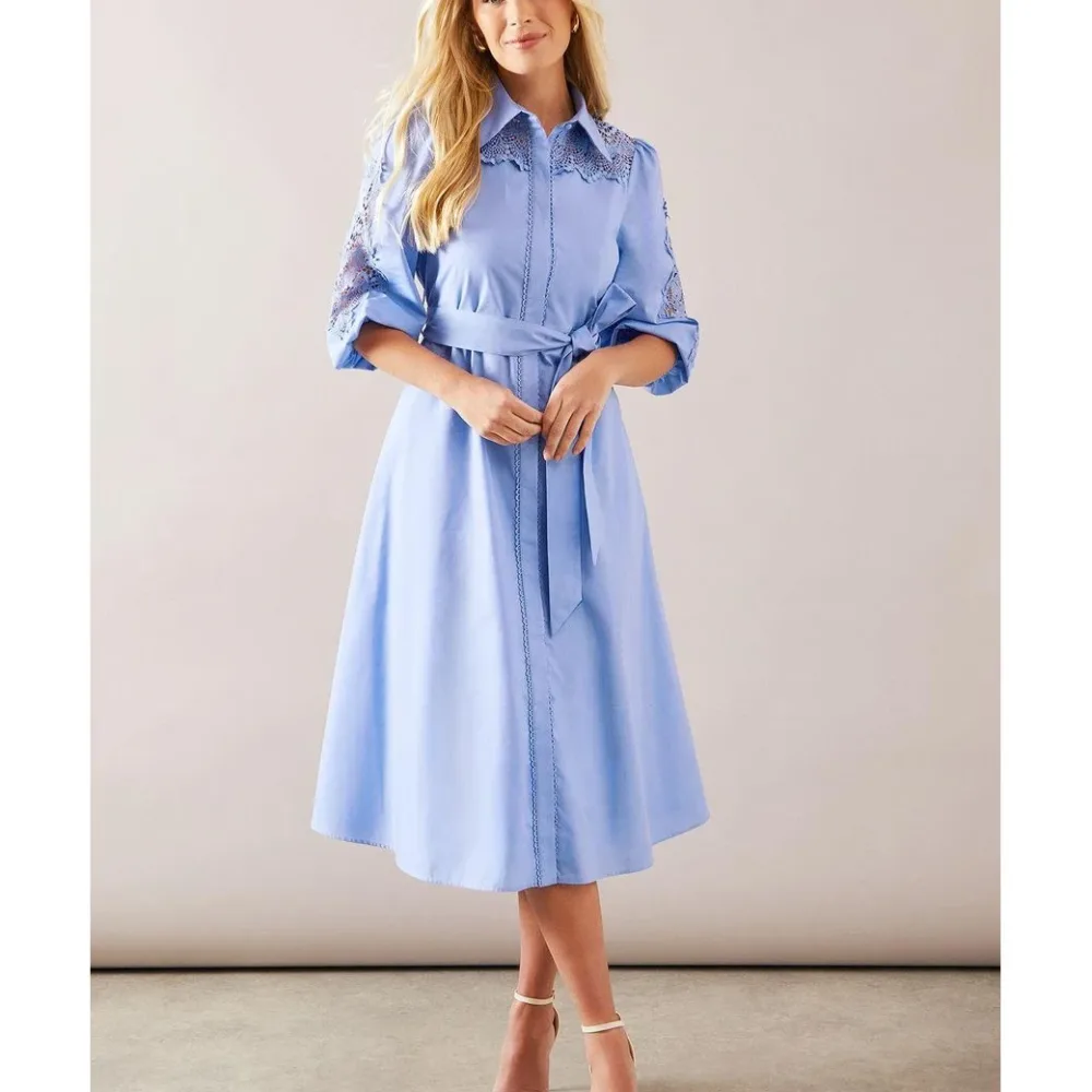 Women's Blue Petite Occasion Cotton Cutwork Detail Shirt Dress