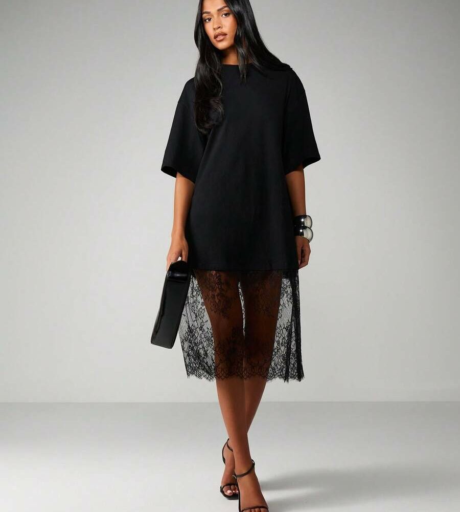 MISSGUIDED Vestido tipo camiseta oversized com bainha de renda