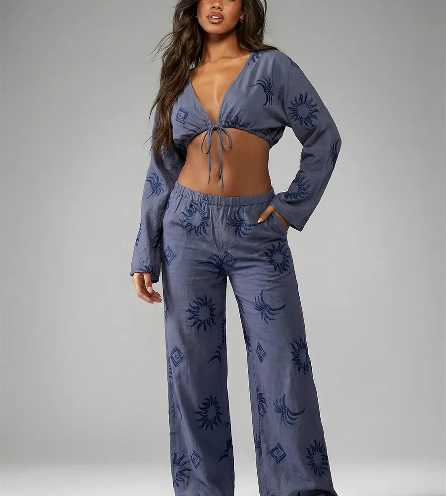 MISSGUIDED Embroidered Linen Feel Crop Top With Wide Leg Pants