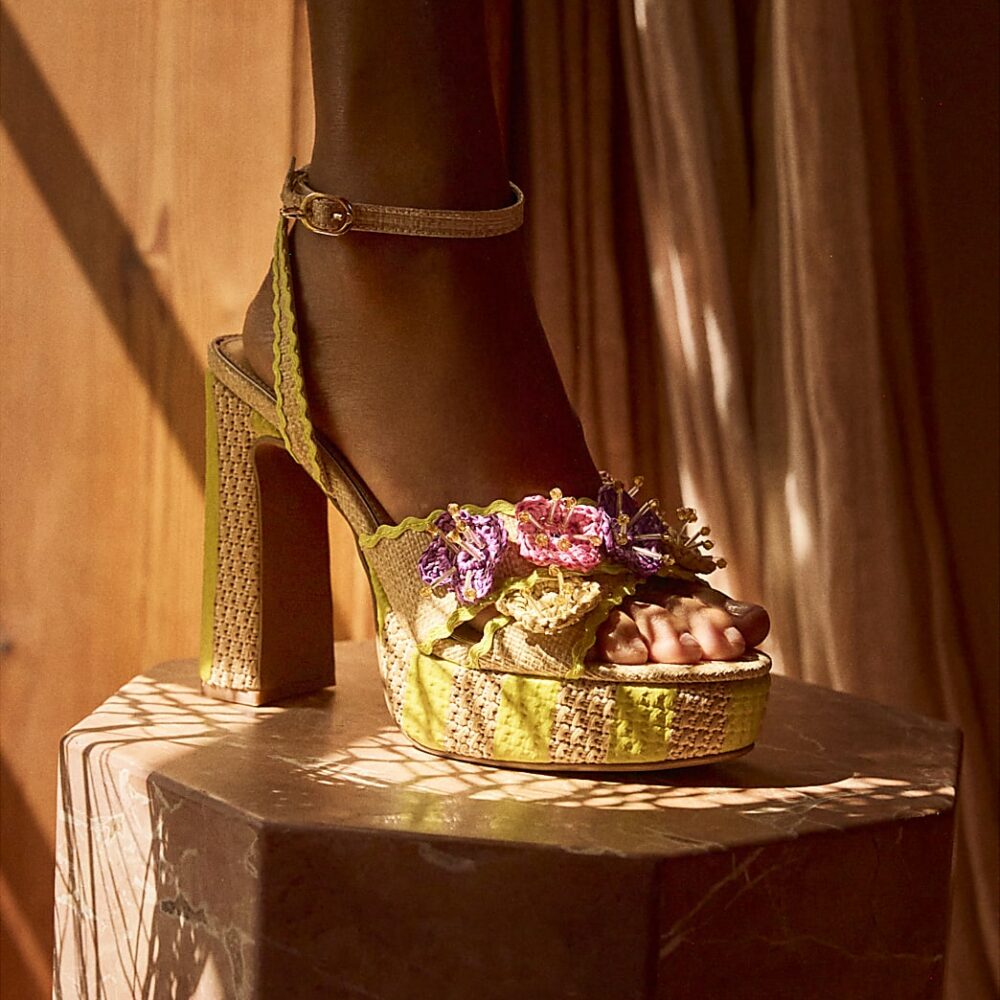 River Island - Yellow Stripe Raffia Flower Platform Sandals