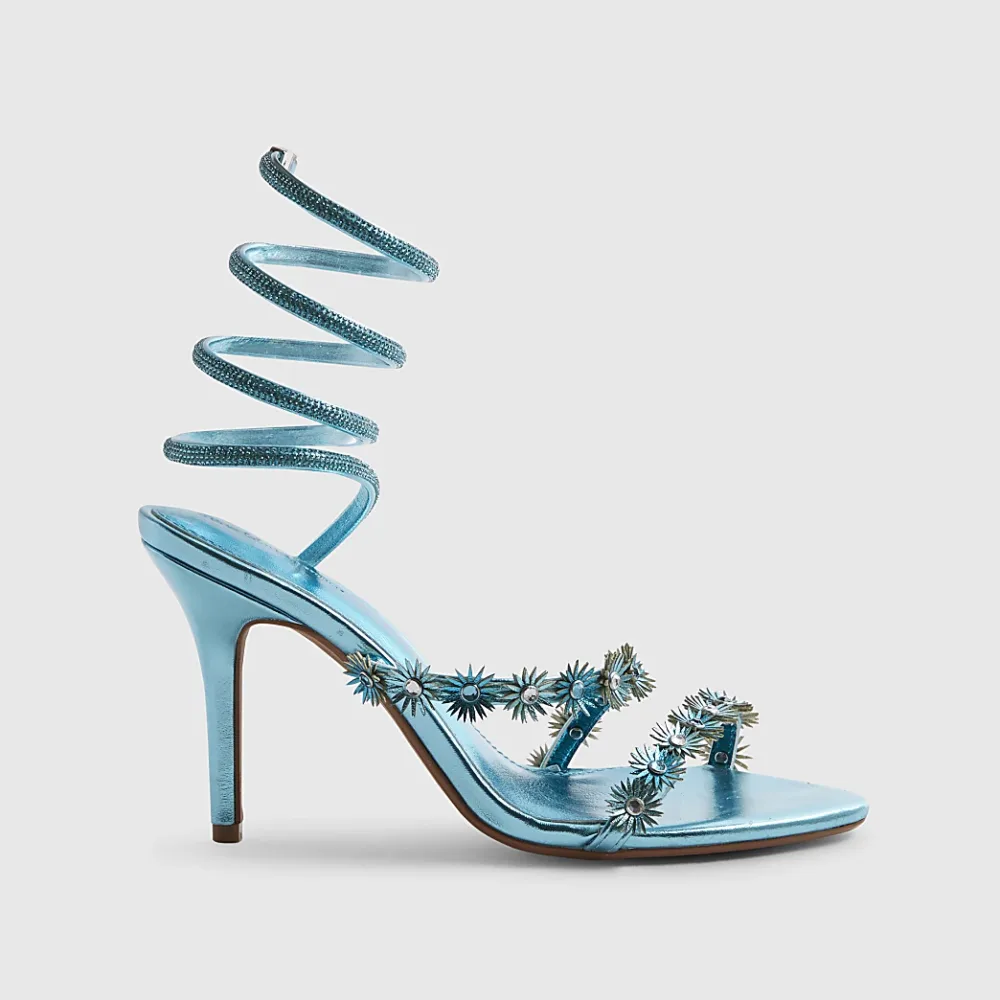 River Island - Blue Embellished Floral Wrap Heeled Sandals