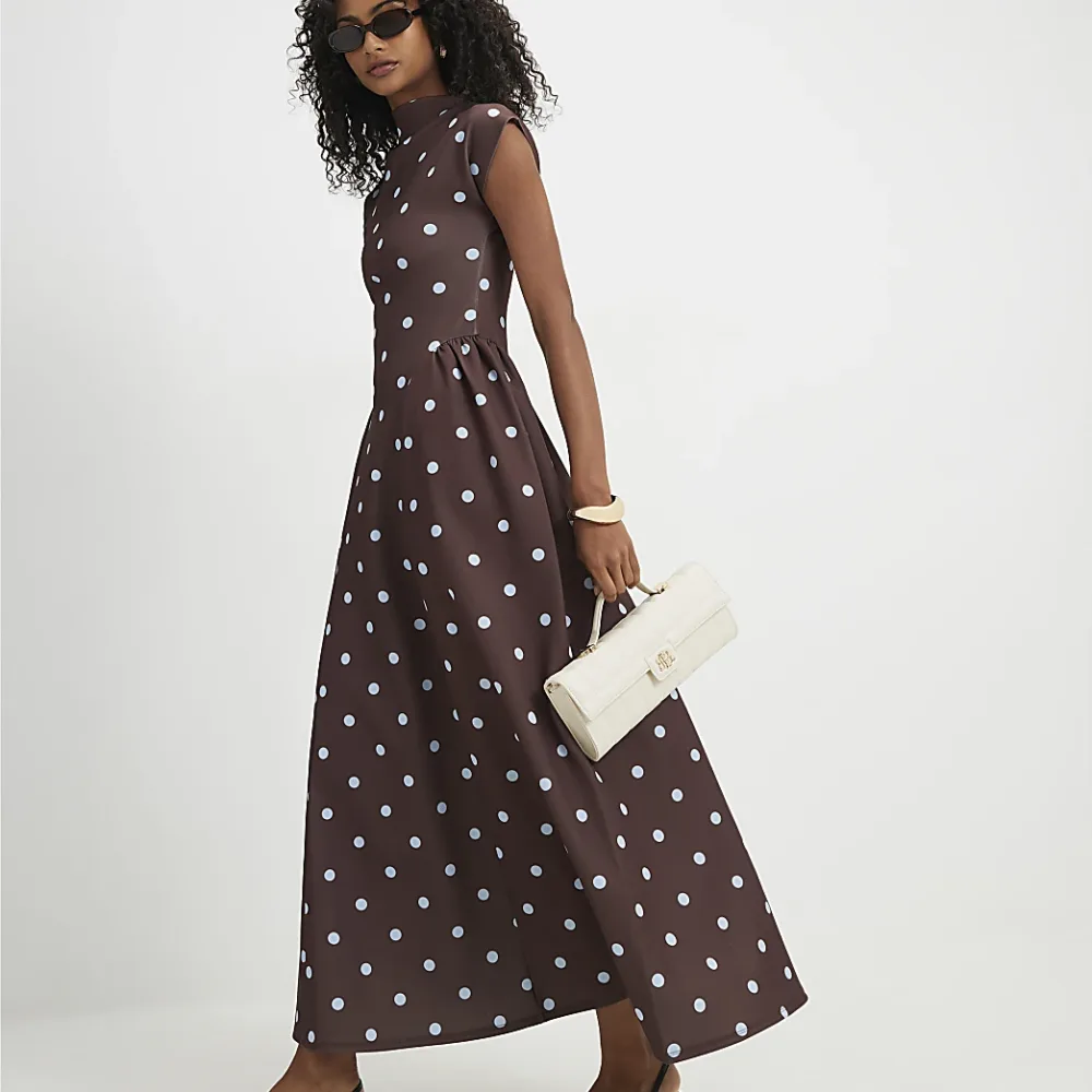 River Island - Brown Short Sleeve Polka Dot Maxi Dress