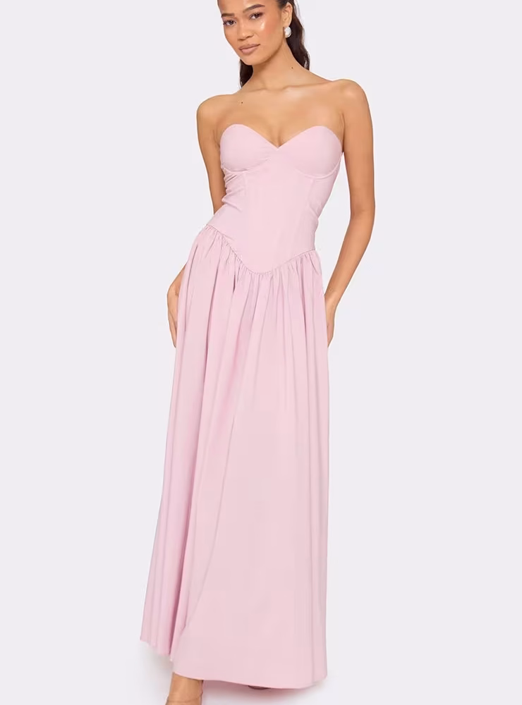 Bandeau Underwired Corset Detail Pleated Maxi Dress In Pink