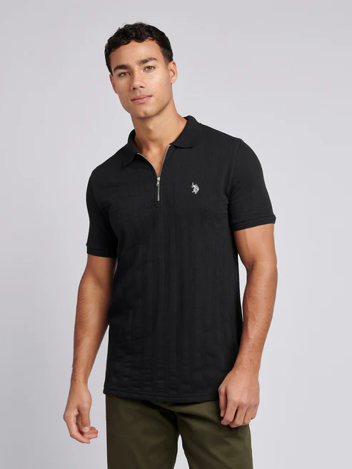 Mens Stripe Textured Zip Polo Shirt in Black Bright White