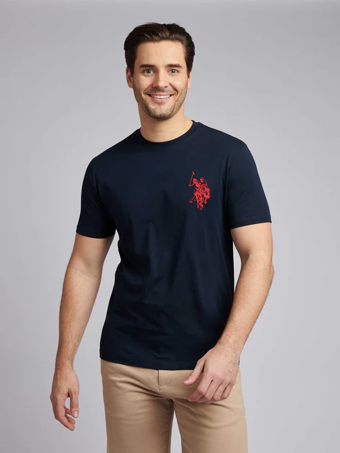 Mens Large Player T-Shirt in Dark Sapphire Navy / Haute Red
