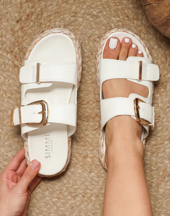 Nancy - White Buckle Raffia Chunky Outsole Flats
