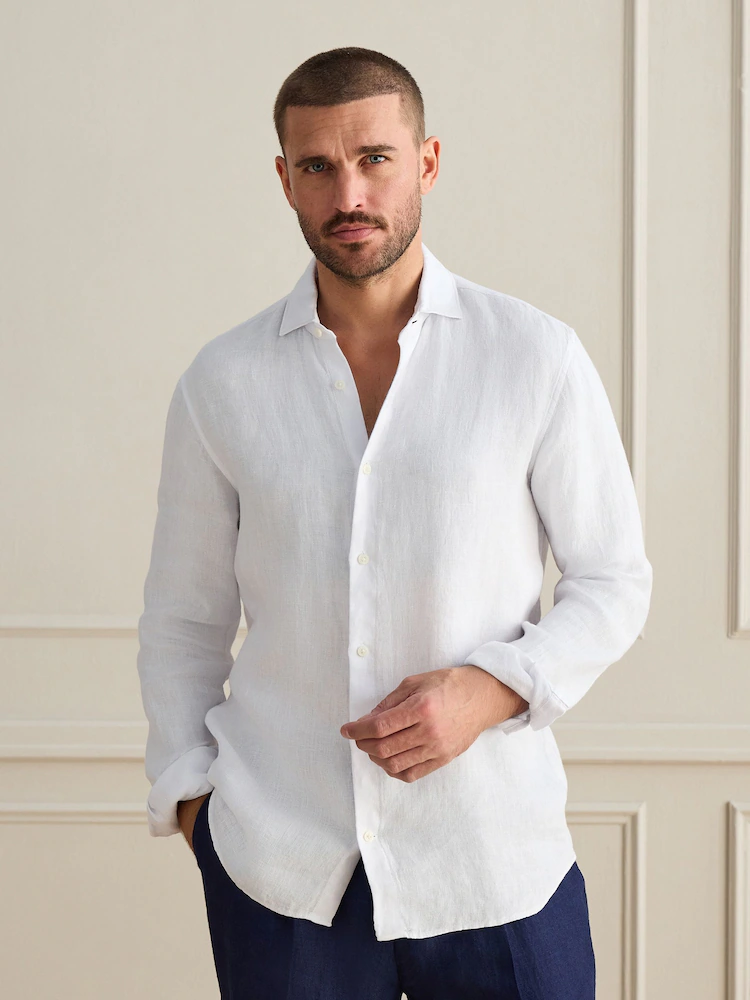 White Long Sleeve Signature Basket Weave 100% Linen Shirt