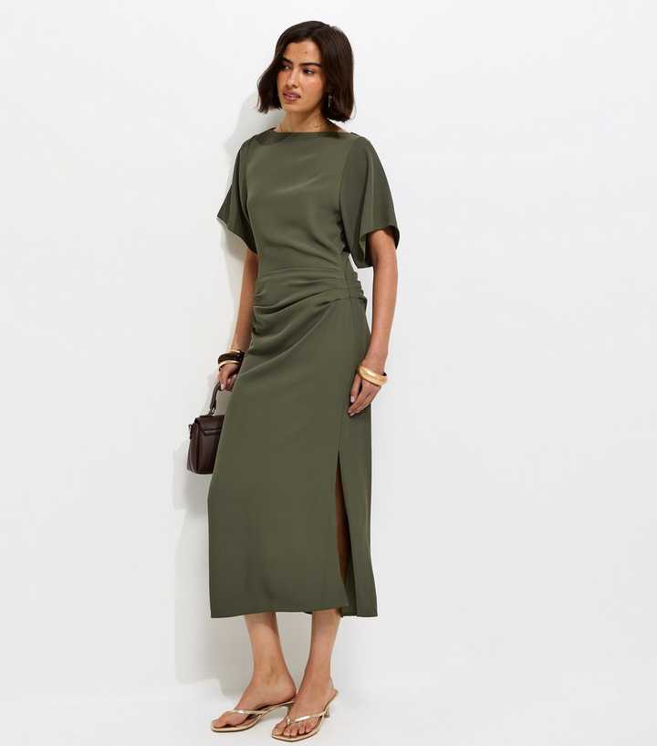 Dark Khaki Ruched Waist Short Sleeve Midi Dress