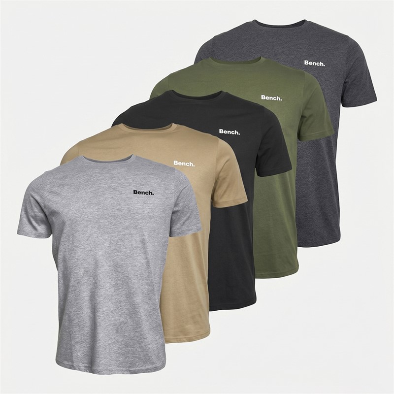 Bench Mens Nosti Five Pack T-Shirts Black/​Khaki/​Grey Marl/​Dark Stone/​Charcoal Marl
