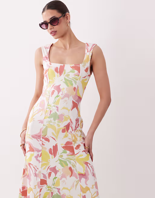 ASOS DESIGN square neck seam detail midi dress in abstract floral print